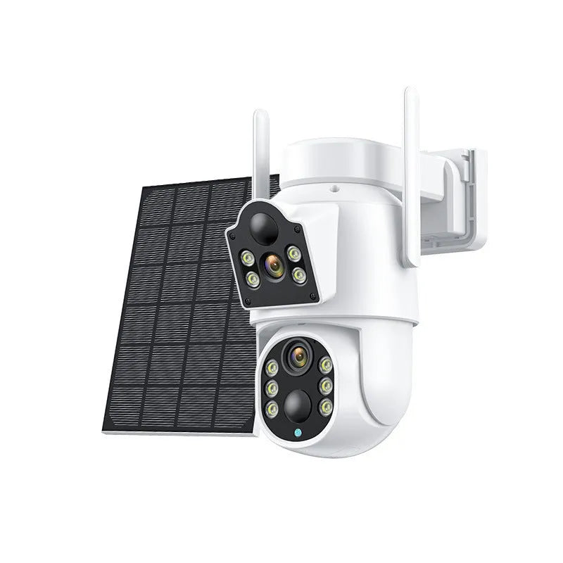 Outdoor solar wifi security camera with solar panel in garden setting