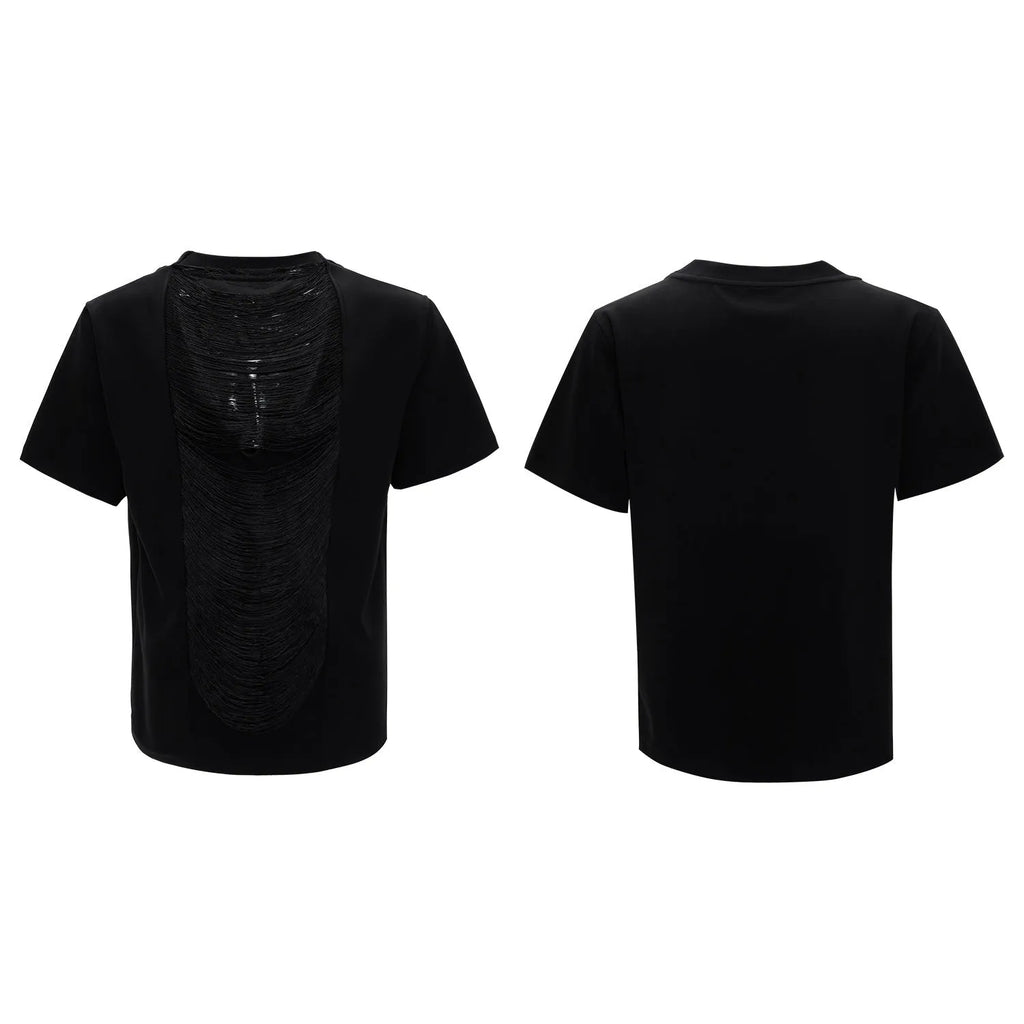 Men's loose-fit black polyester t-shirt with three-dimensional cutting and short sleeves