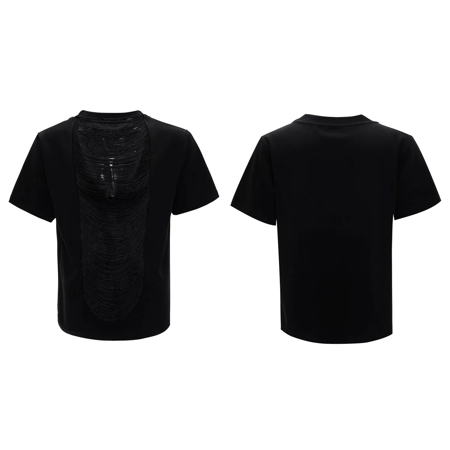 Men's loose-fit black polyester t-shirt with three-dimensional cutting and short sleeves