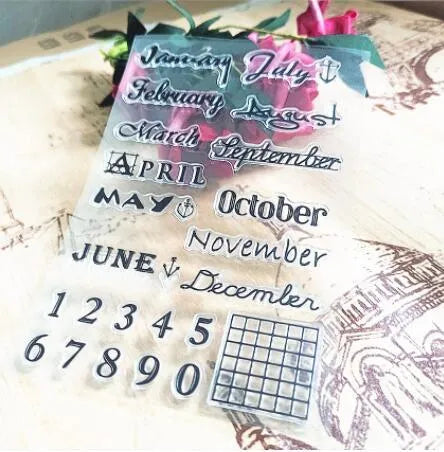 Transparent silicone calendar seal stamp with vintage digital table design for craft projects