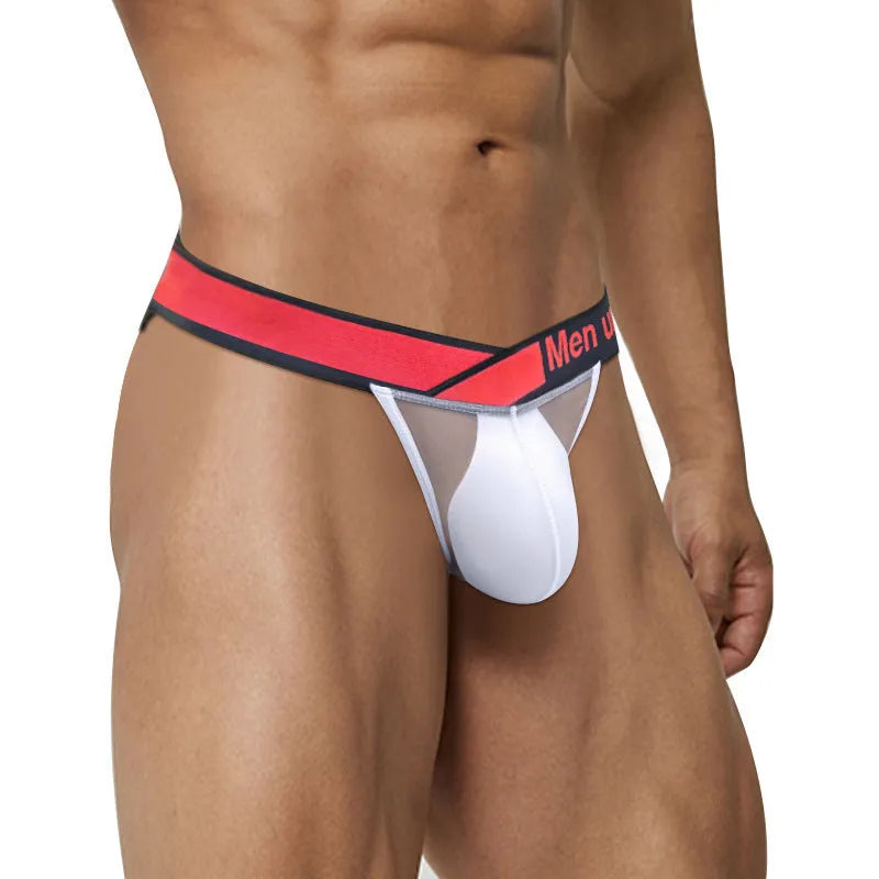 Men's transparent ice silk briefs with large V gradient high fork design in red, black and white colours