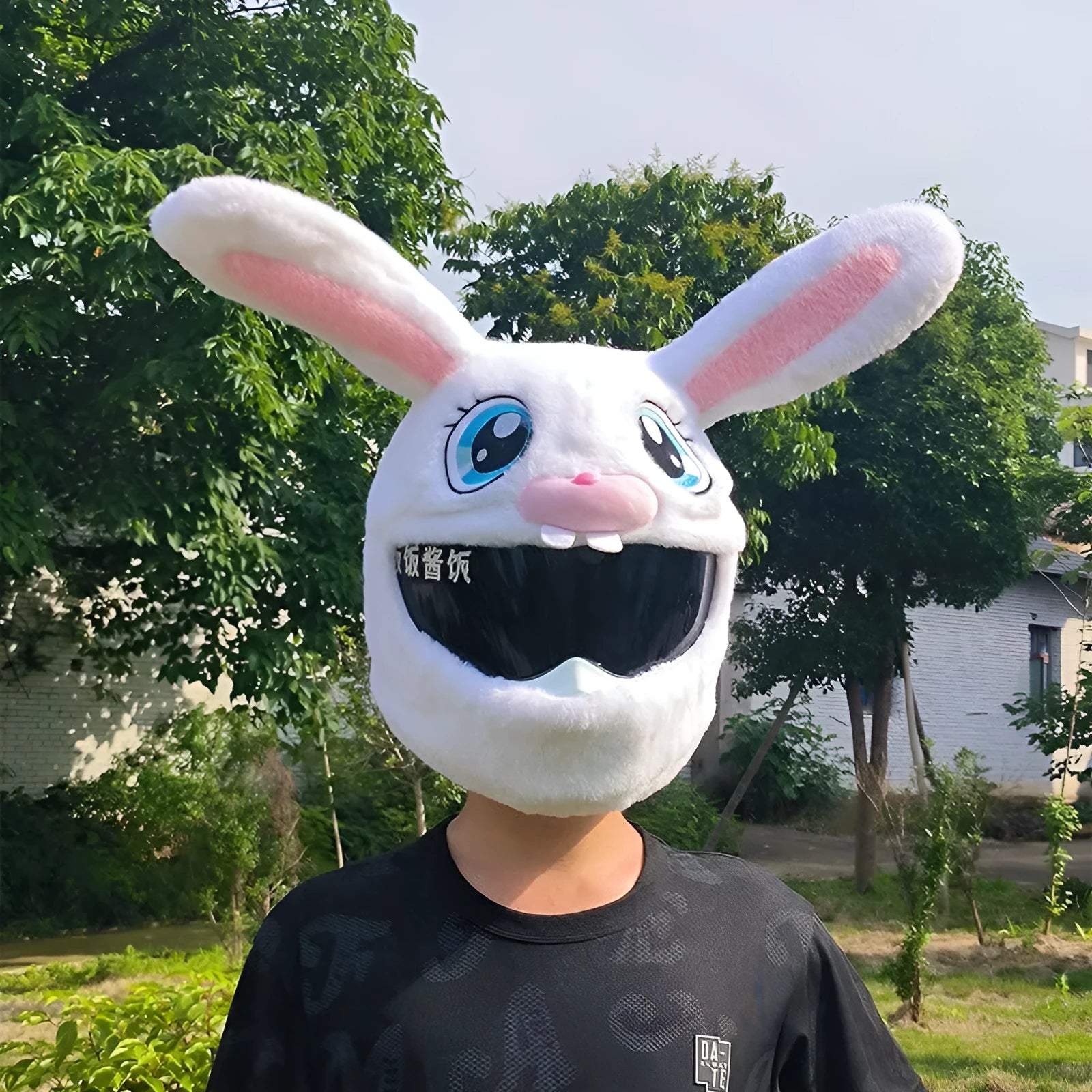 White rabbit head helmet cover for electric motorcycles with plush needle detailing