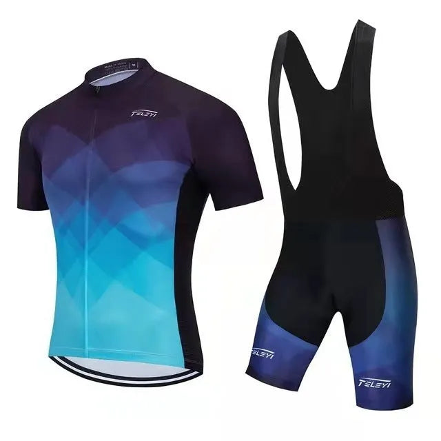 Cycling jersey and padded shorts set for summer mountain and road biking with moisture-wicking fabric