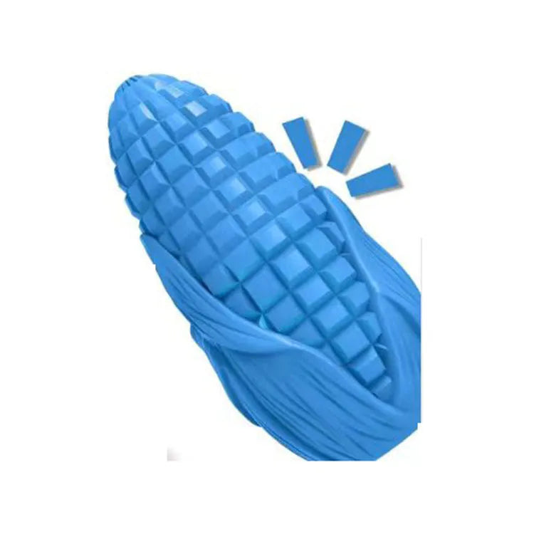 Corn-shaped dog chew toy with textured surface and blue/yellow colour options