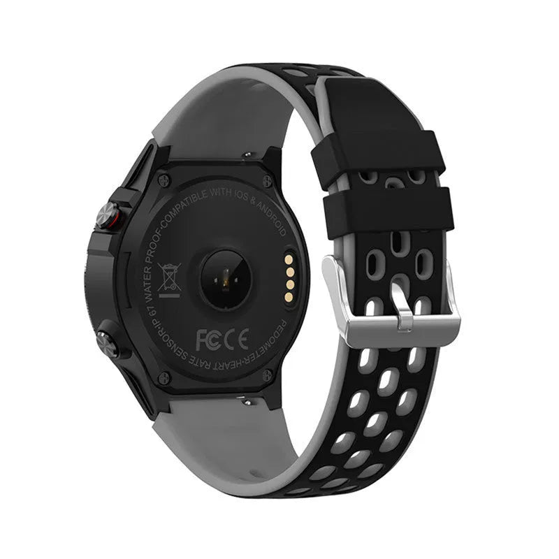 Blue silicone strap sports smart watch with 1.3-inch touchscreen on a wrist.