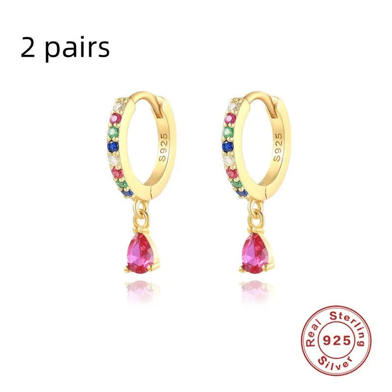 S925 sterling silver geometric water drop earrings with electroplated finish and gemstone accents