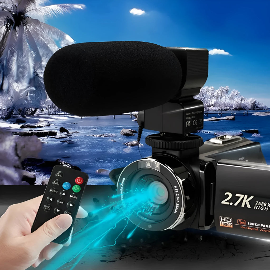DV06S 27K HD digital video camera in black with lens cover and remote