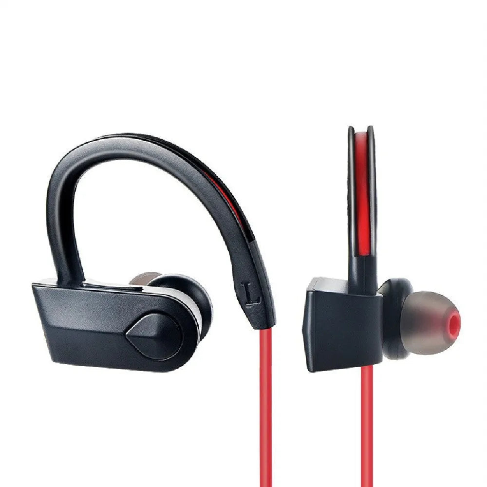 Wireless neckband Bluetooth earphones in black, blue or red colours showing neckband design and earbuds