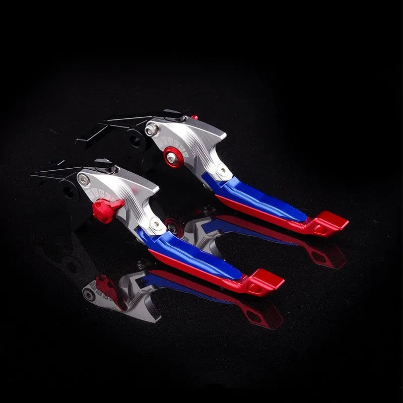 Pair of anodised metal motorcycle horn handle clutch levers with six-speed adjustable length, shown in a selection of colour finishes