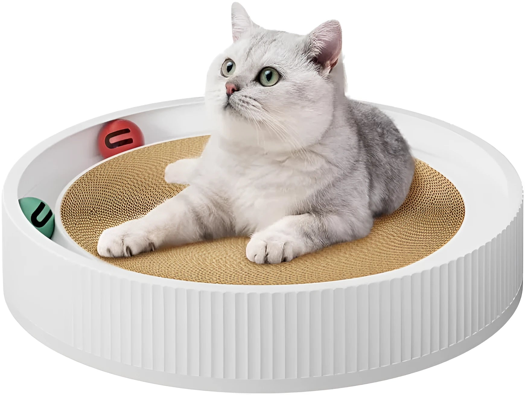 Large green cat scratching board with ball toys measuring 45cm diameter for indoor cats