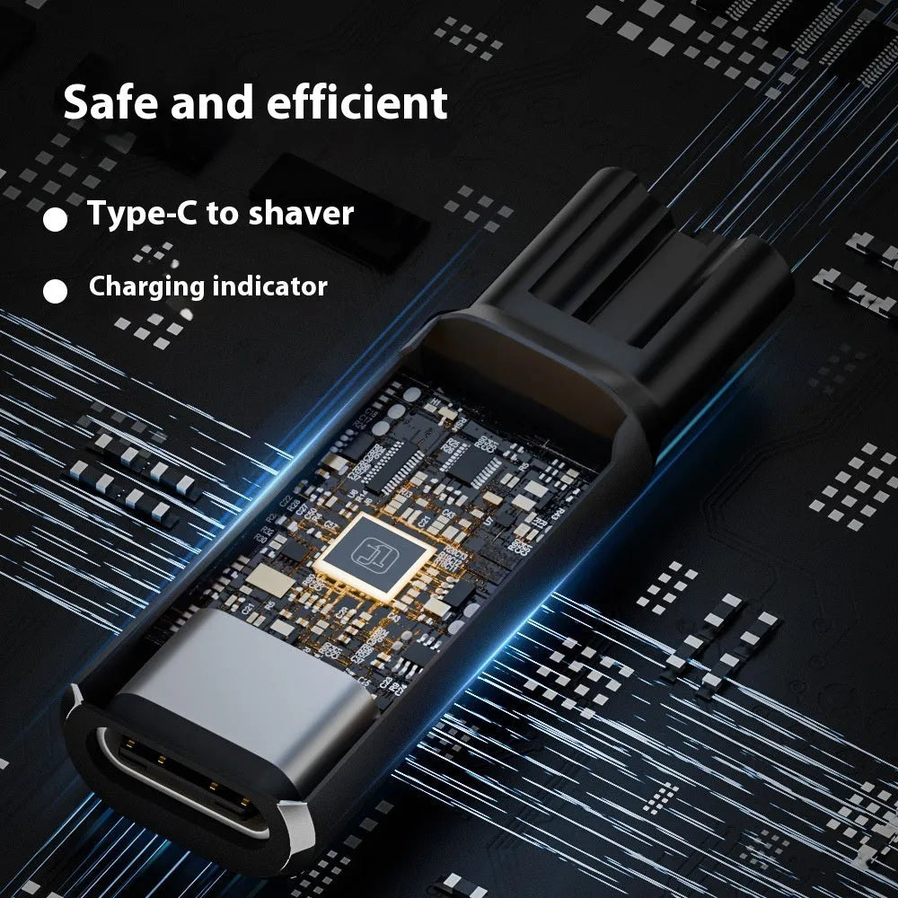 USB C charging adapter for electric shavers with aluminium alloy casing in black or grey