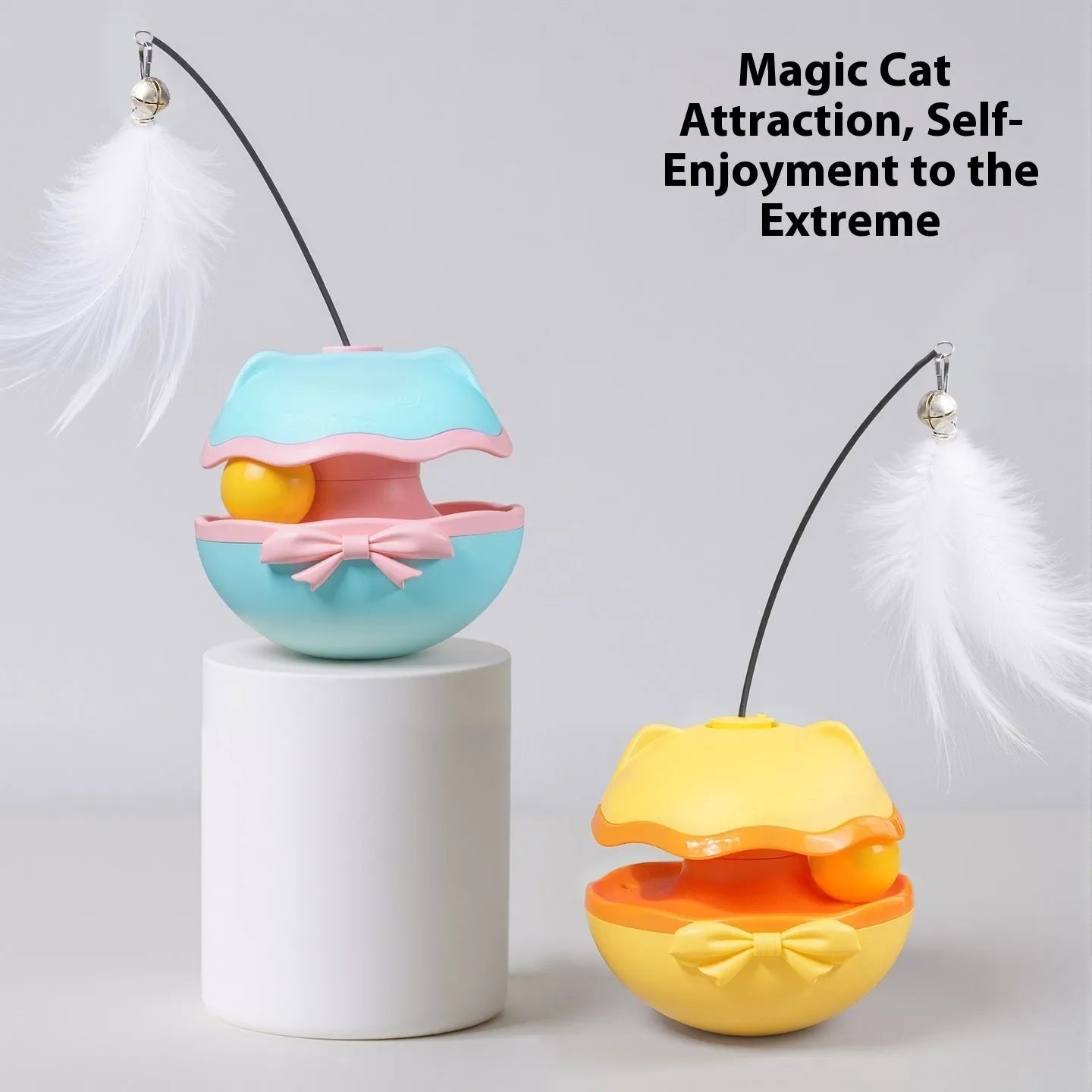 Electric cat toy tumbler with self-moving action in lemon yellow, sky blue, or soft fog grey plastic construction