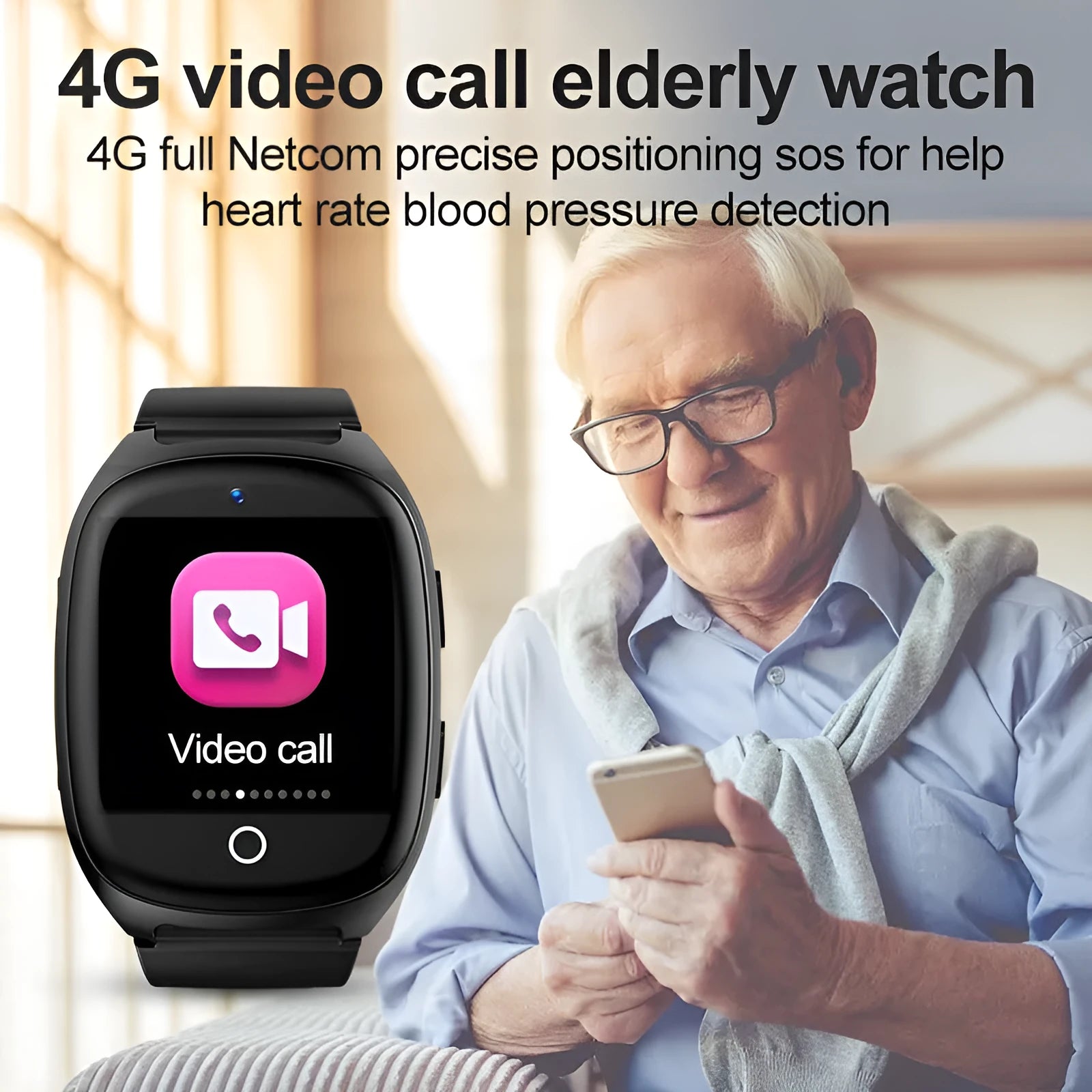 Black GPS smart watch with 1.54-inch touch screen displaying health metrics and SOS function.