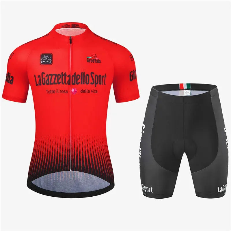 Unisex short sleeve cycling suit in row pattern design, made from quick-dry polyester fabric.