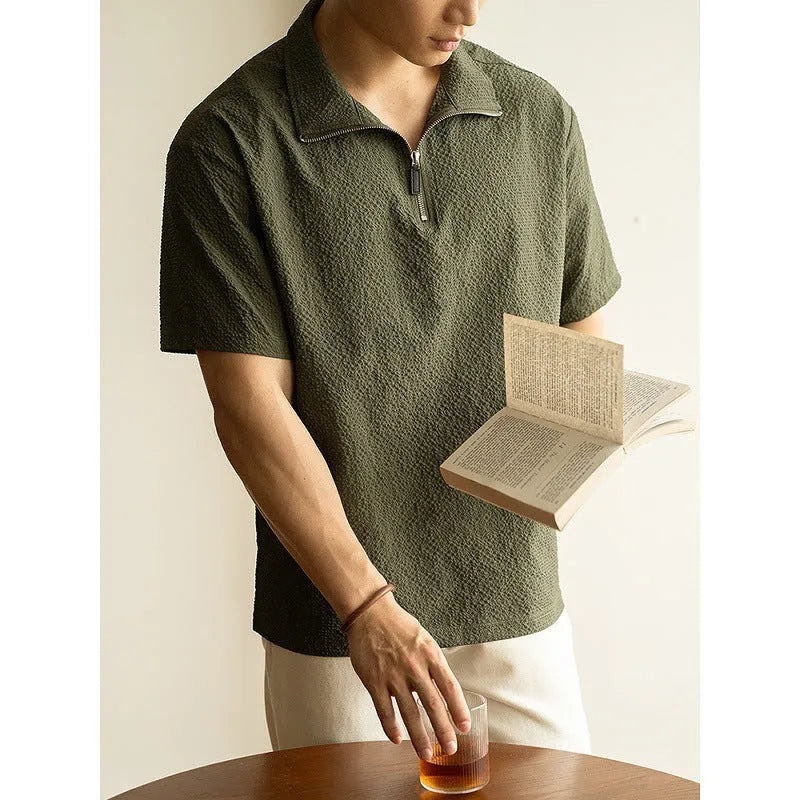 Men's cedar green loose fit short sleeve T-shirt made from quick-drying ice silk polyester fabric