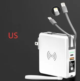 Black or white 10000mAh power bank with wireless charging and four international plug adapters