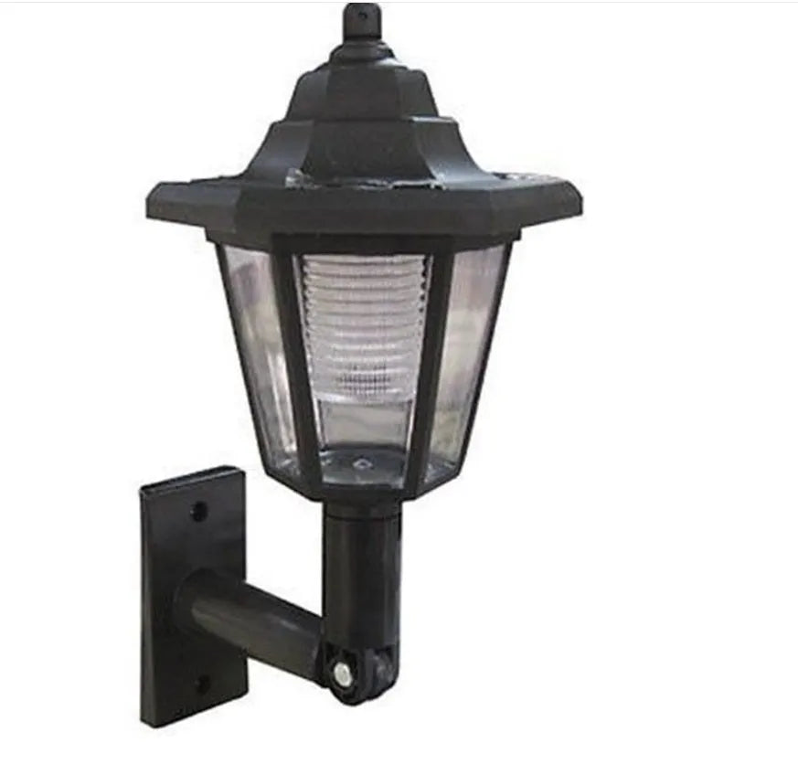 Black hexagonal solar-powered wall lamp with IP44 waterproof rating for outdoor garden lighting