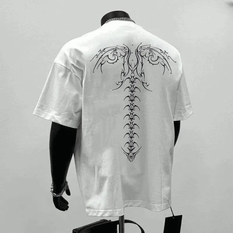 Men's loose fit black printed cotton short sleeve t-shirt on hanger