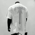 Men's loose fit black printed cotton short sleeve t-shirt on hanger