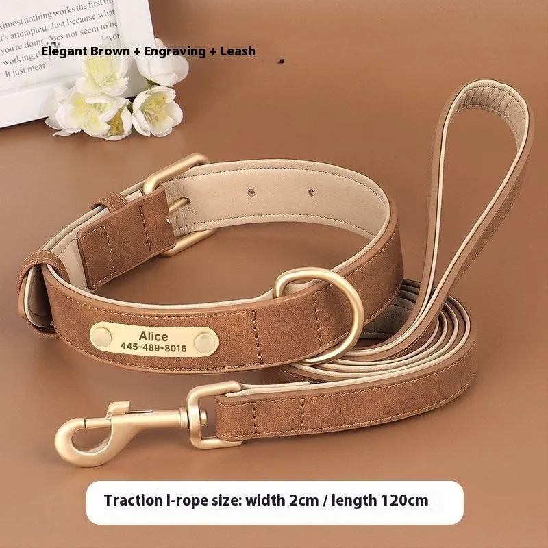 Rose red double-layer leather dog collar with mohair lining and a matching traction rope on a table.