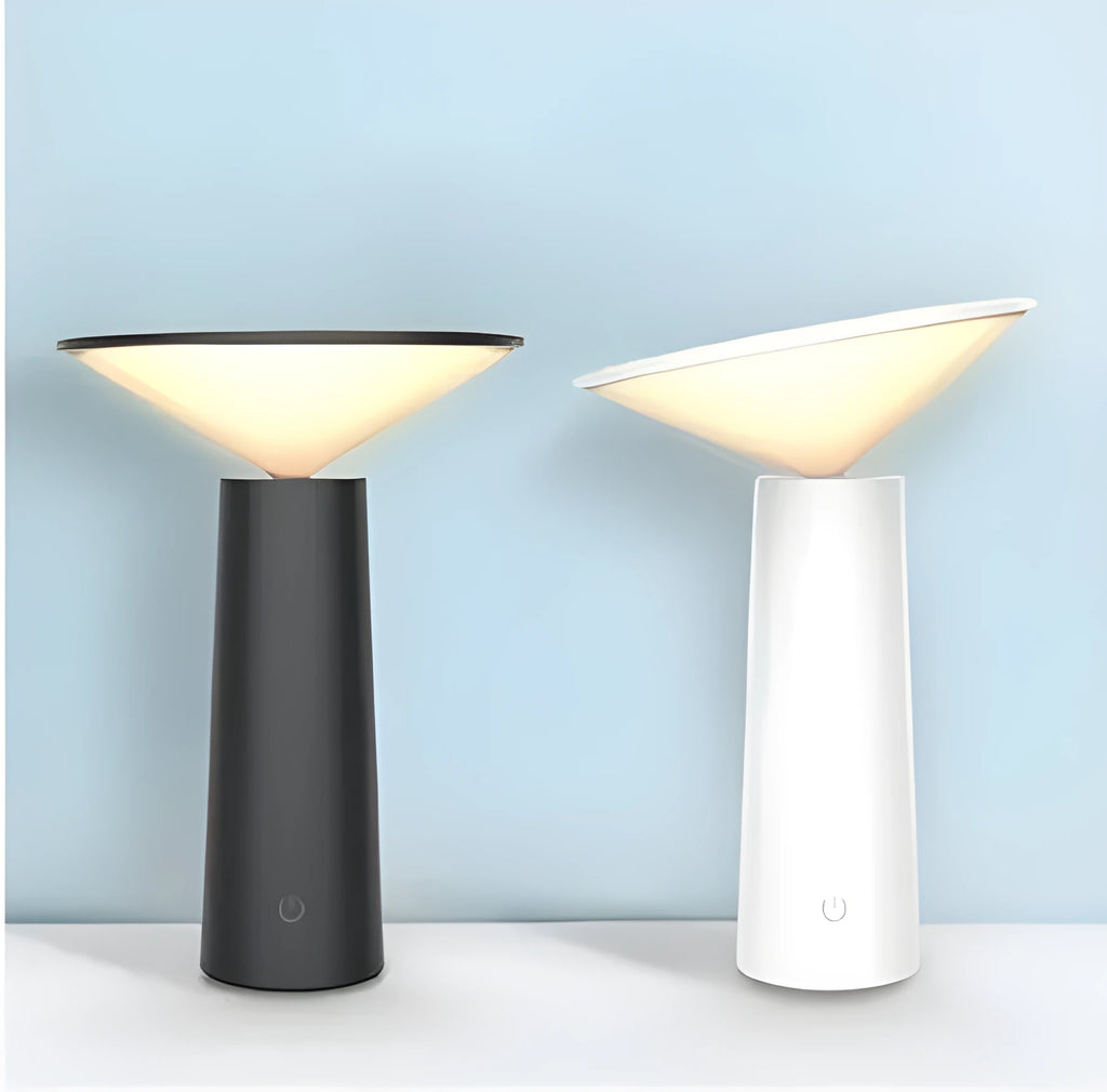 Black USB rechargeable desk lamp with touch sensor and adjustable lamp head on a wooden table.