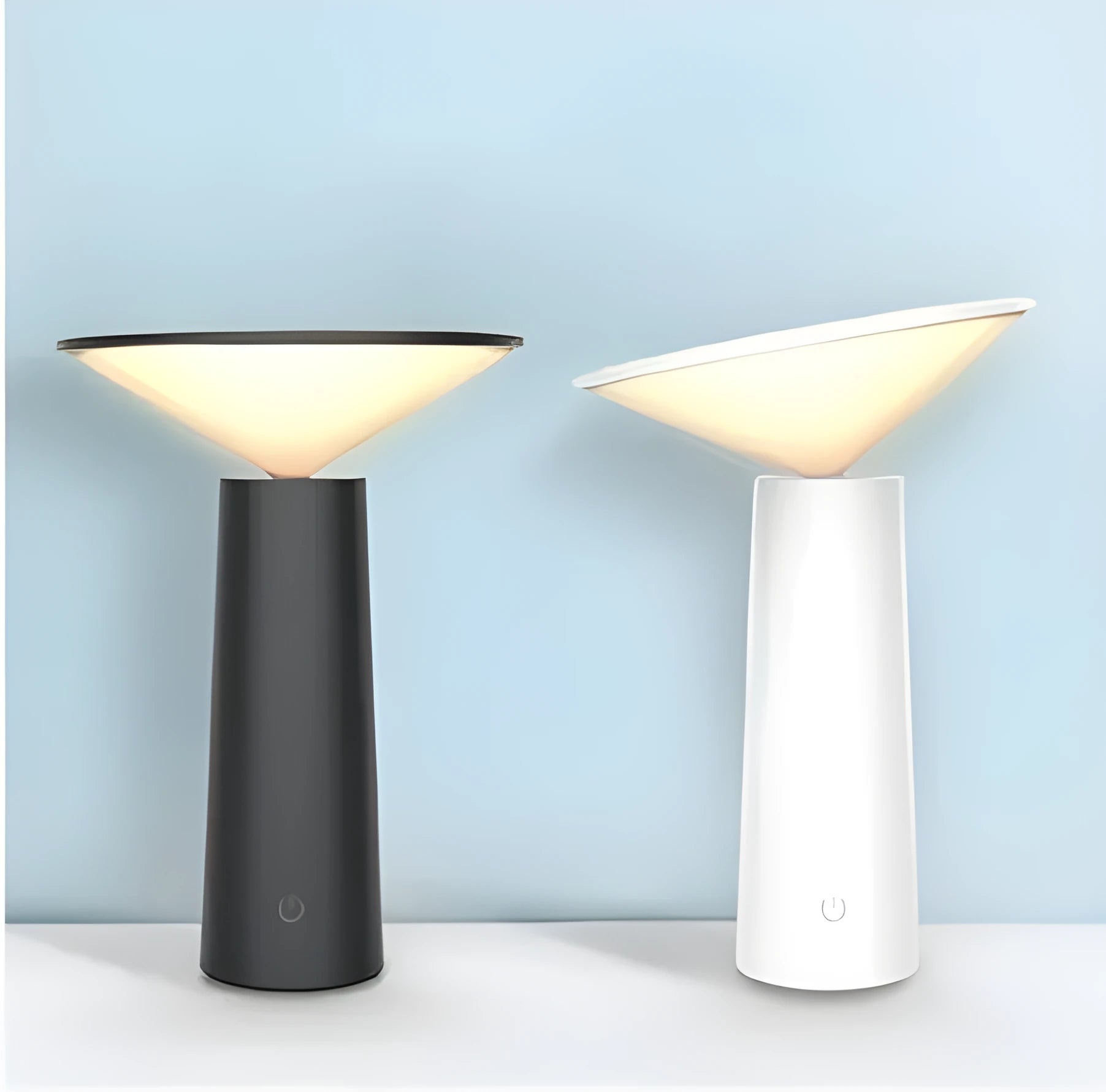 Black USB rechargeable desk lamp with touch sensor and adjustable lamp head on a wooden table.