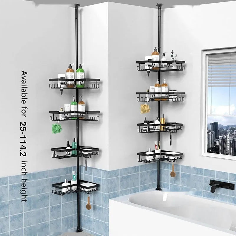 Stainless steel retractable bathroom storage rack with four shelves