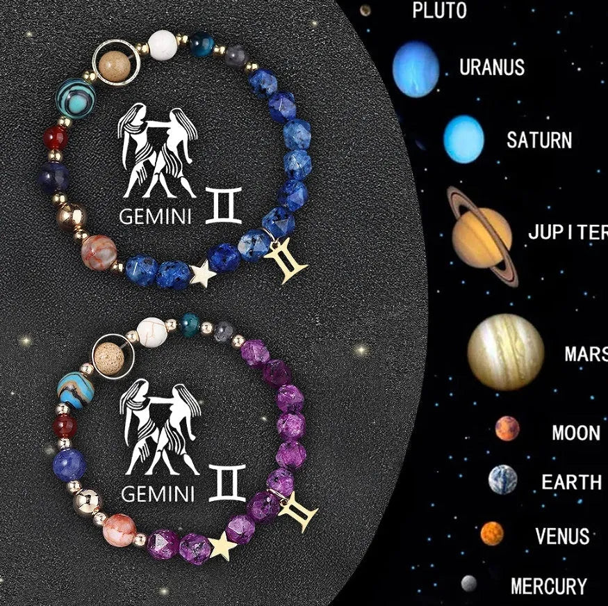 Natural stone bead zodiac bracelet set showing all twelve astrological signs