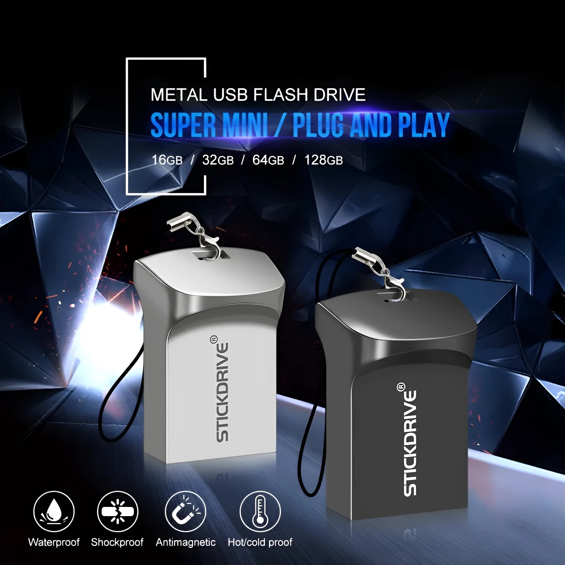 Metal USB flash drive with necklace chain in black and silver colour options