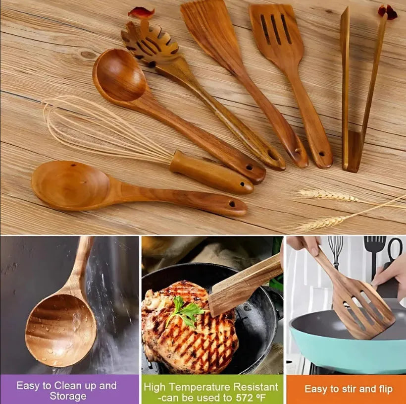 7-piece wooden cooking utensil set showing spoons and spatulas with non-slip handles