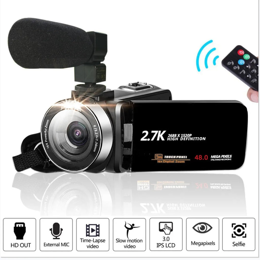 DV06S 27K HD digital video camera in black with lens cover and remote