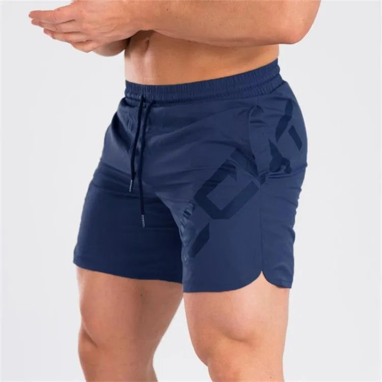 Men's black quick-dry elastic waist running shorts on a white background.