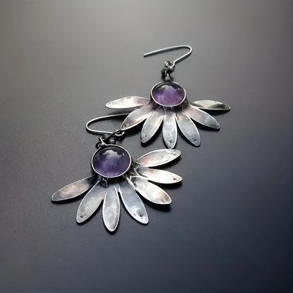 Purple resin gemstone Bohemian earrings with animal zodiac details and alloy construction