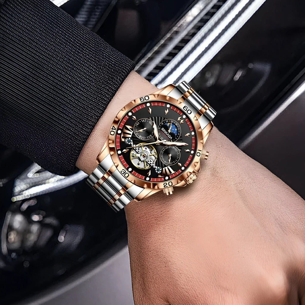 Full-automatic waterproof luminous mechanical watch with steel belt black 13mm thickness