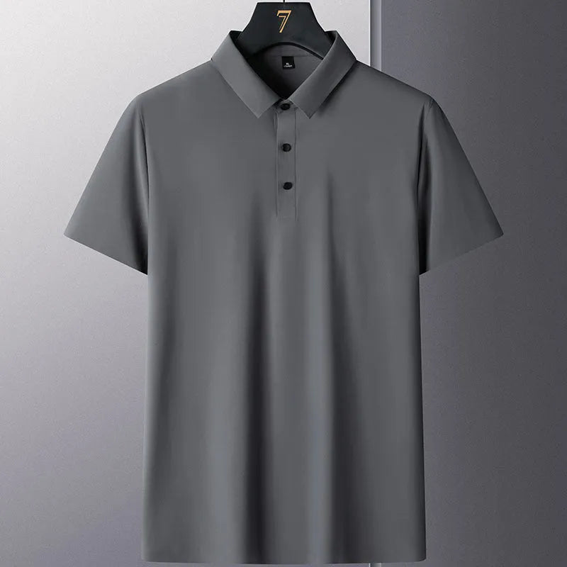 Men's solid colour non-ironing business casual short sleeve shirt on a hanger.