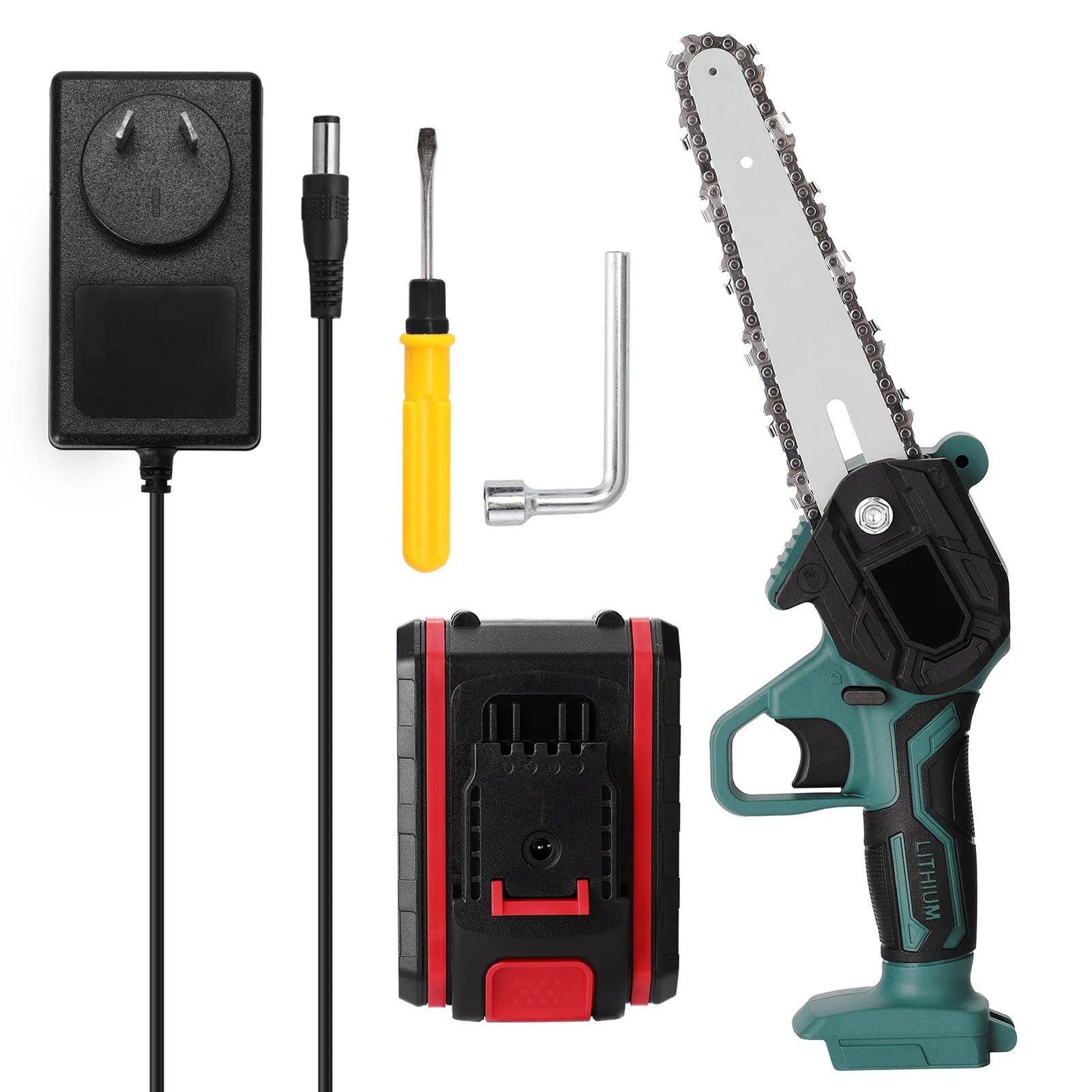 Black one-hand mini electric chainsaw with 4-inch guide bar on a workbench.