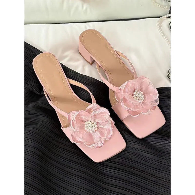 Women's Korean-style sandals with chunky heel, square toe, and satin upper in cream-white colour