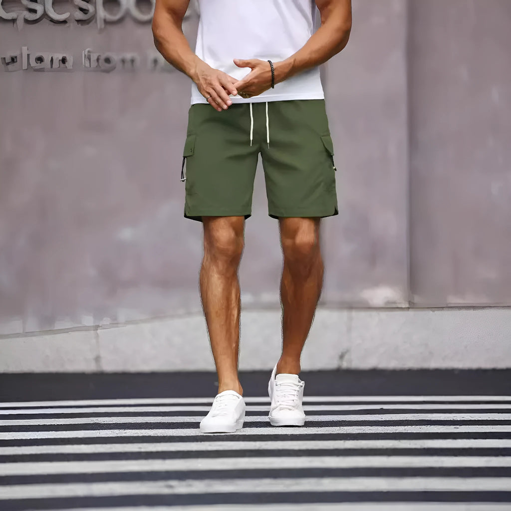 Men's loose fit work shorts in cool silk cotton fabric, available in fluorescent green and army green colours