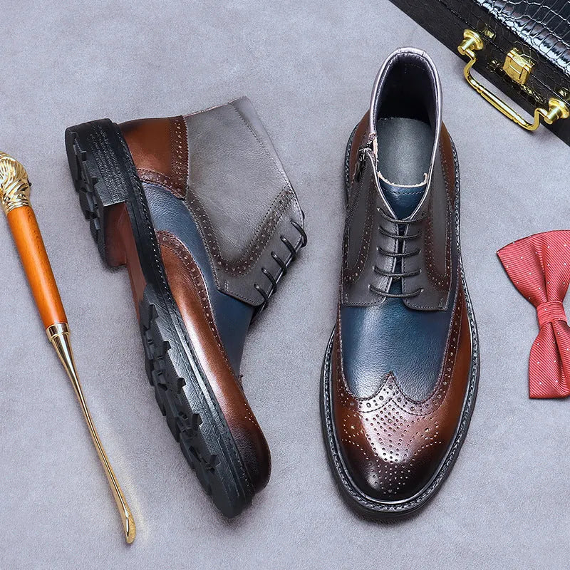 Men's coffee blue leather brogue boots with colour-blocking design and low square heel