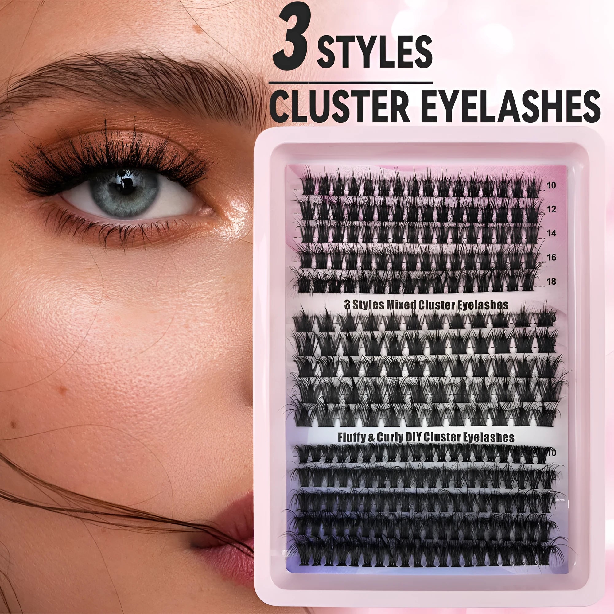 A high imitation material box containing a mix of false eyelashes, showing the product's size and organisation.