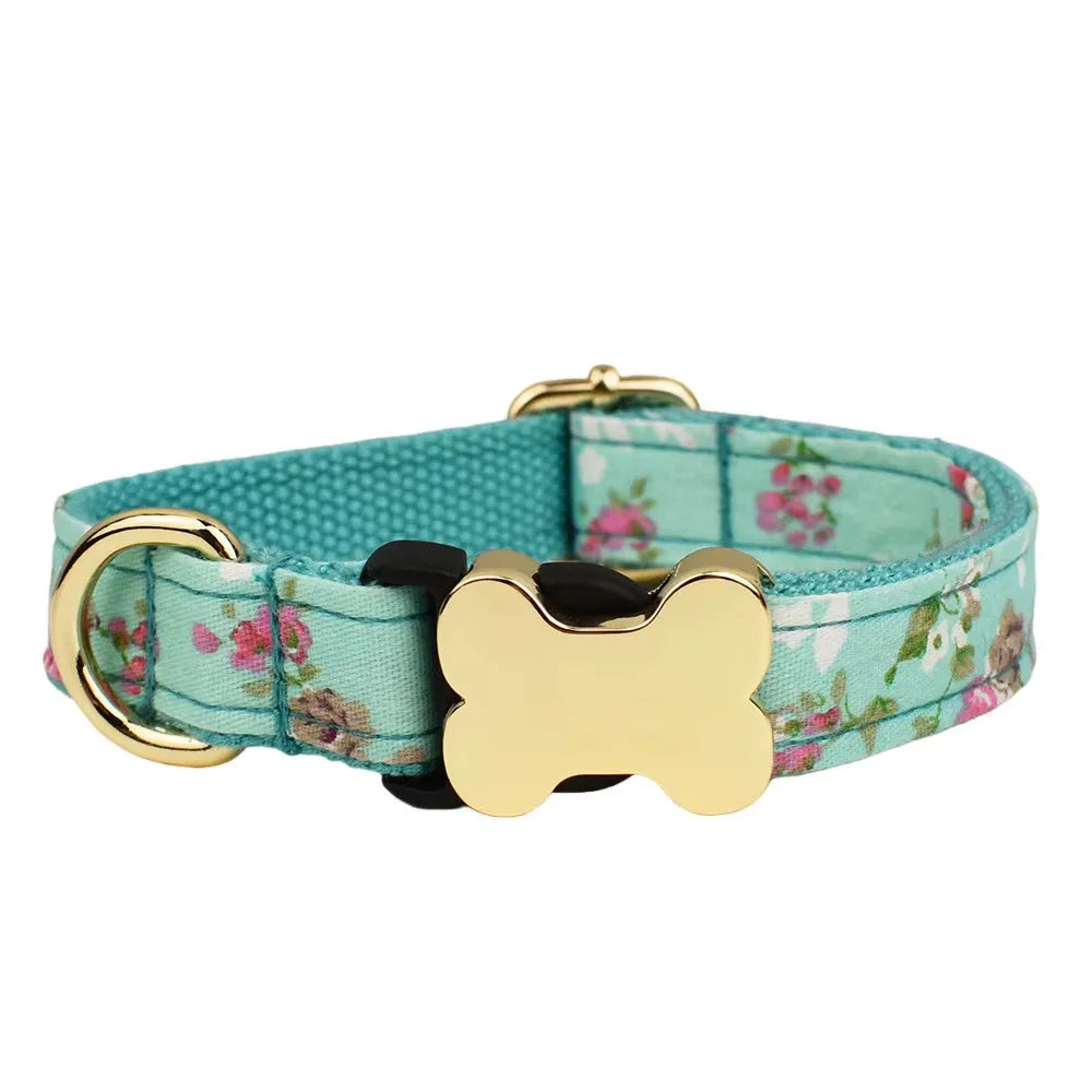 Flat nylon dog collar with printed grid pattern and plastic bone buckle in multiple colour options