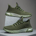 Men's solid colour casual shoes with mesh upper in army green, shown from side perspective.