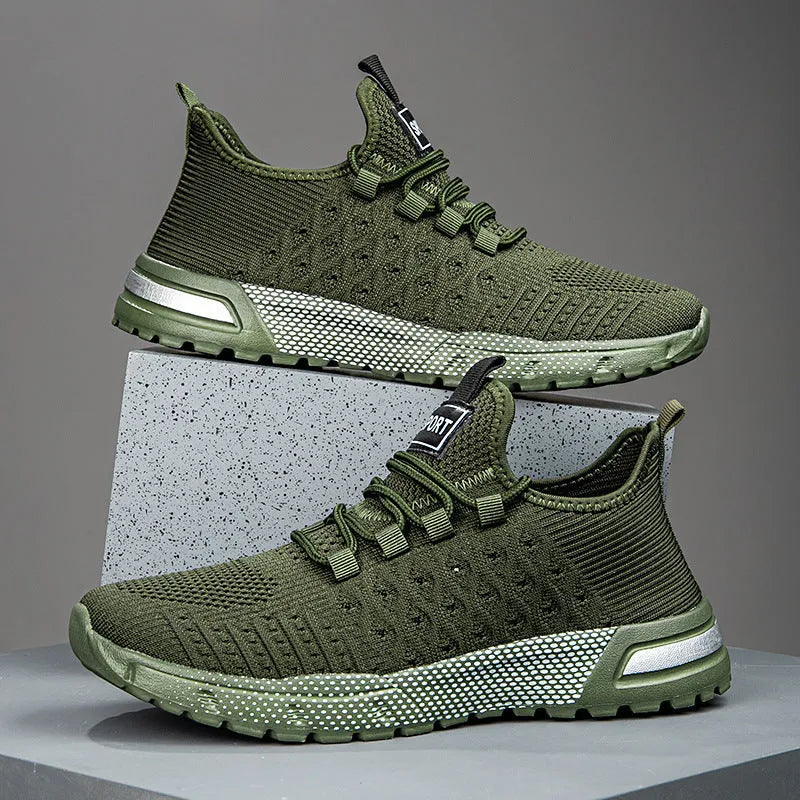Men's solid colour casual shoes with mesh upper in army green, shown from side perspective.