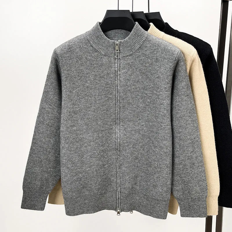 Men's black stand collar knitted cardigan with front zip closure in loose fit