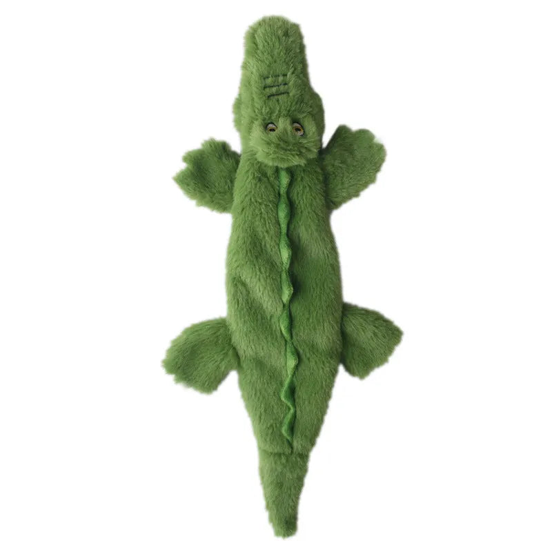 Green crocodile-shaped no-stuffing squeaky dog toy with crinkle paper tail
