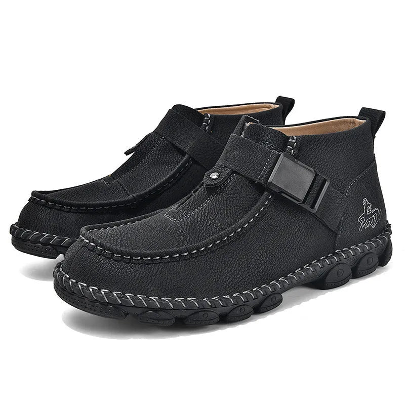 Black synthetic leather slip-on flat shoes with handmade stitching on the sole