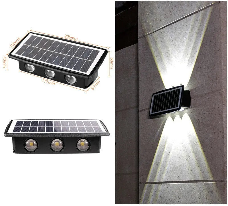 Solar outdoor wall light with 4 LED beads, ABS+PC housing, and glass polysilicon solar panel mounted on a brick wall