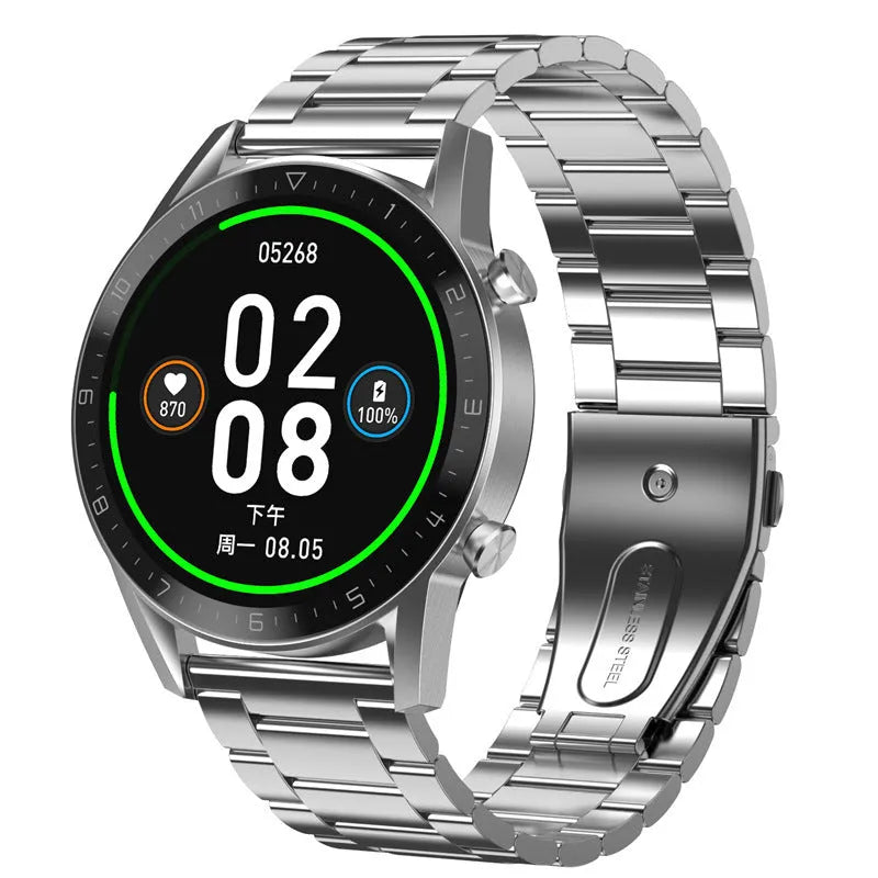 Sports smartwatch with black leather strap and 1.3-inch touchscreen displaying step count