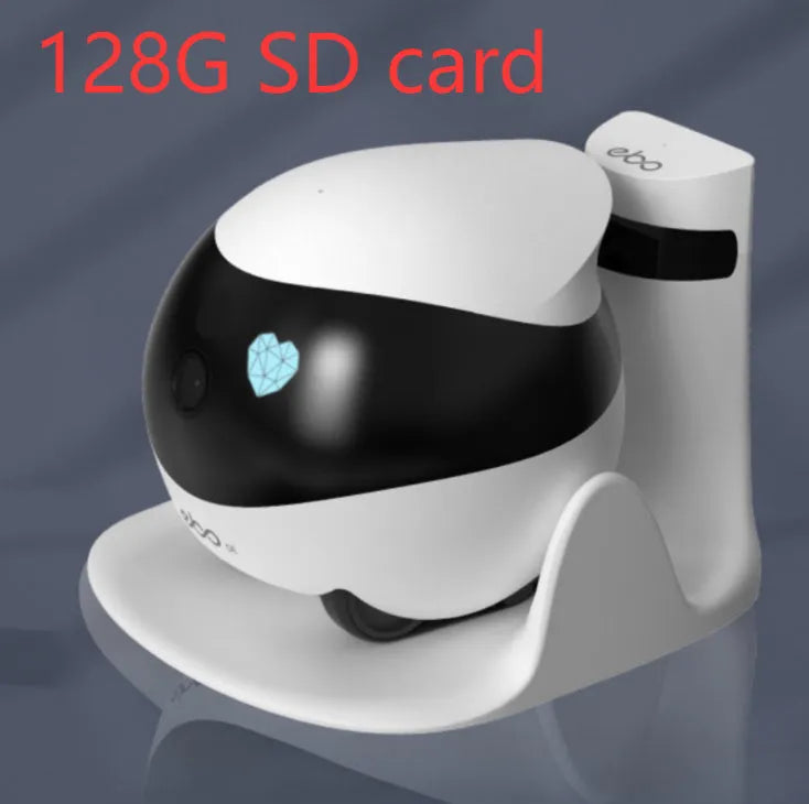 White smart home mobile surveillance robot camera on a charging dock.