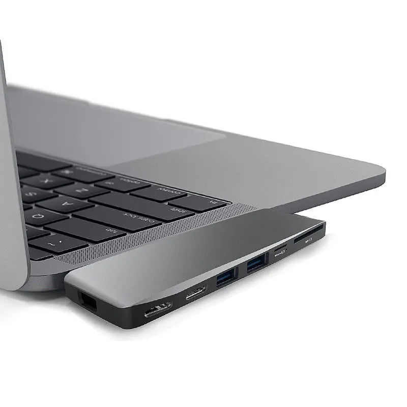 8-in-1 USB-C hub for MacBook Pro with dual USB-C plugs and multiple ports